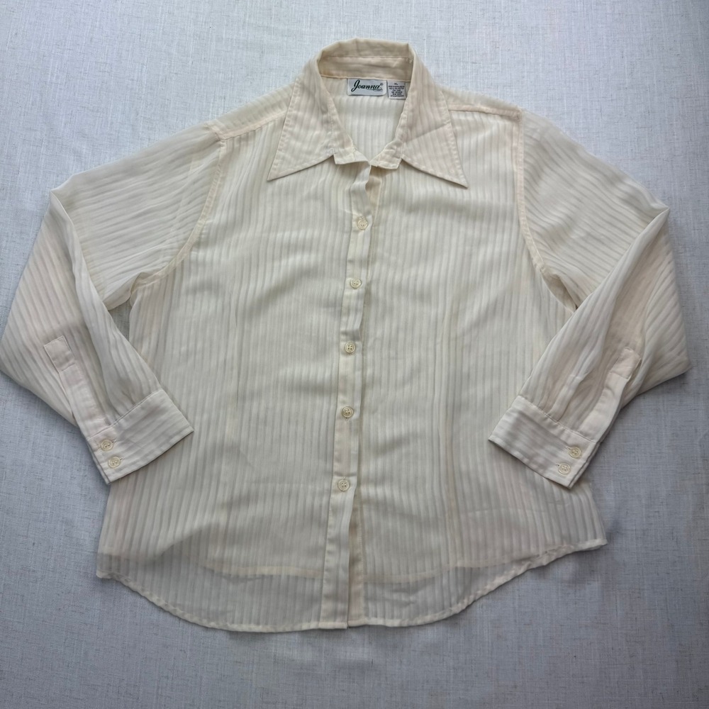 Joanna Vintage Cream Sheer Shadow Stripe Button Down Blouse XL EUC